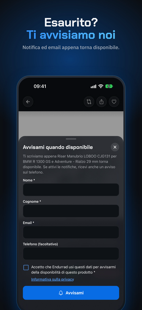 App Endurrad su iPhone: modulo Avvisami quando disponibile per un prodotto esaurito