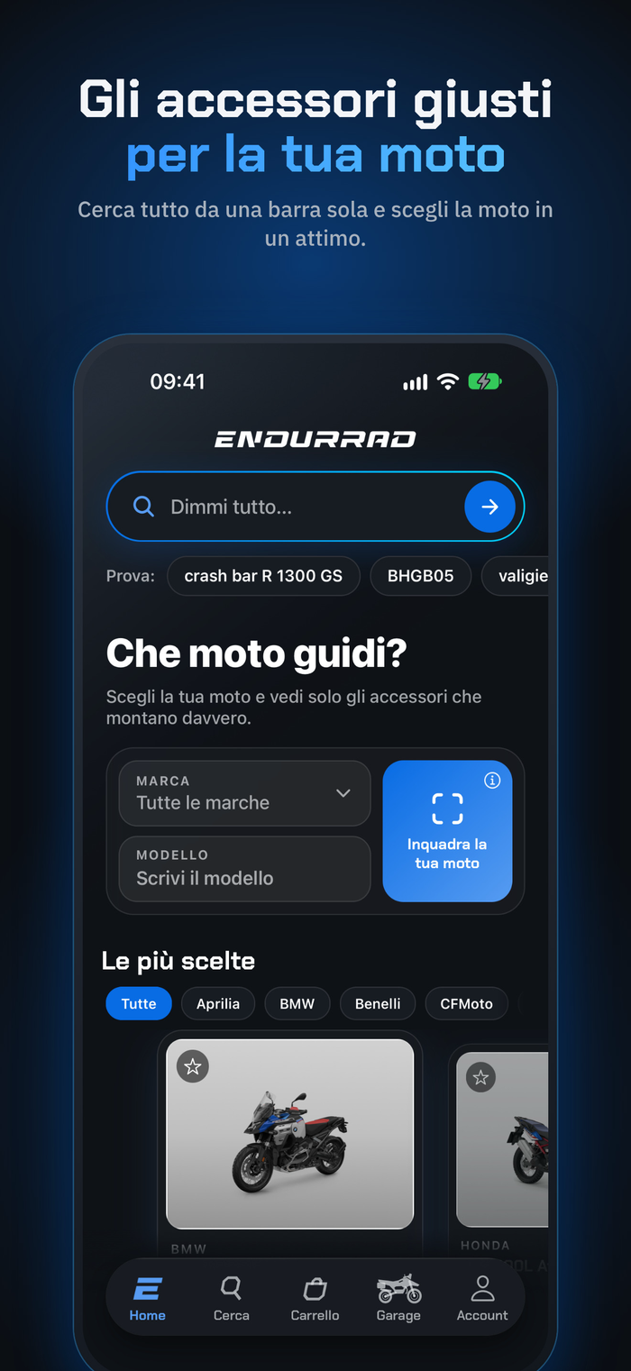 App Endurrad su iPhone: Home con ricerca, scelta della moto e le moto più scelte
