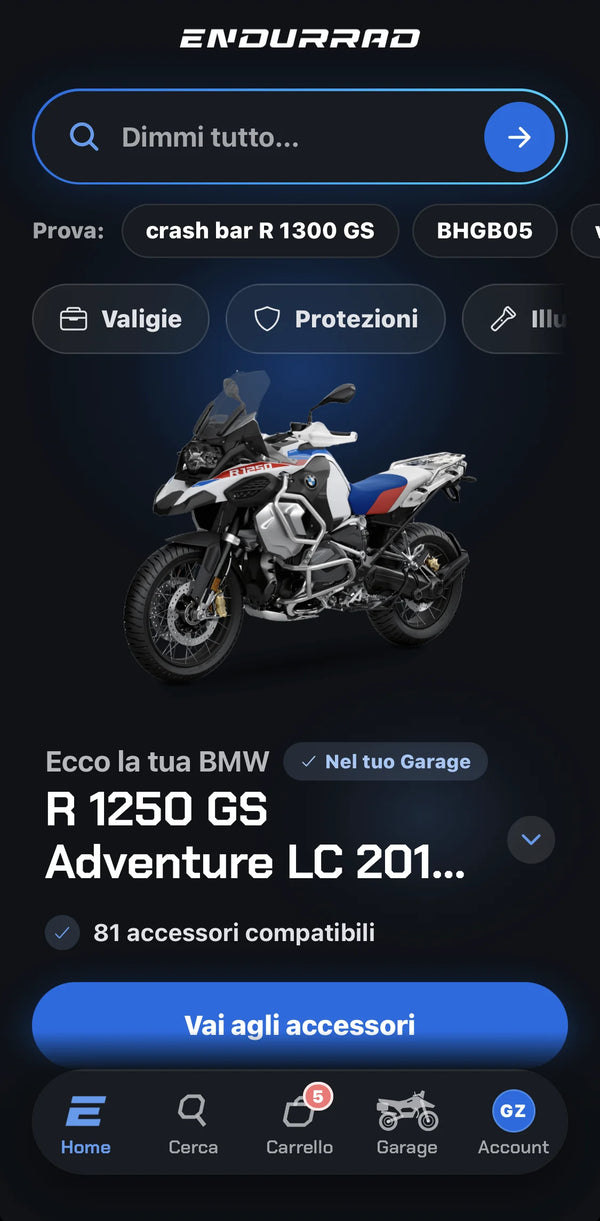 App Endurrad su iPhone: la BMW R 1250 GS Adventure nel Garage con 81 accessori compatibili