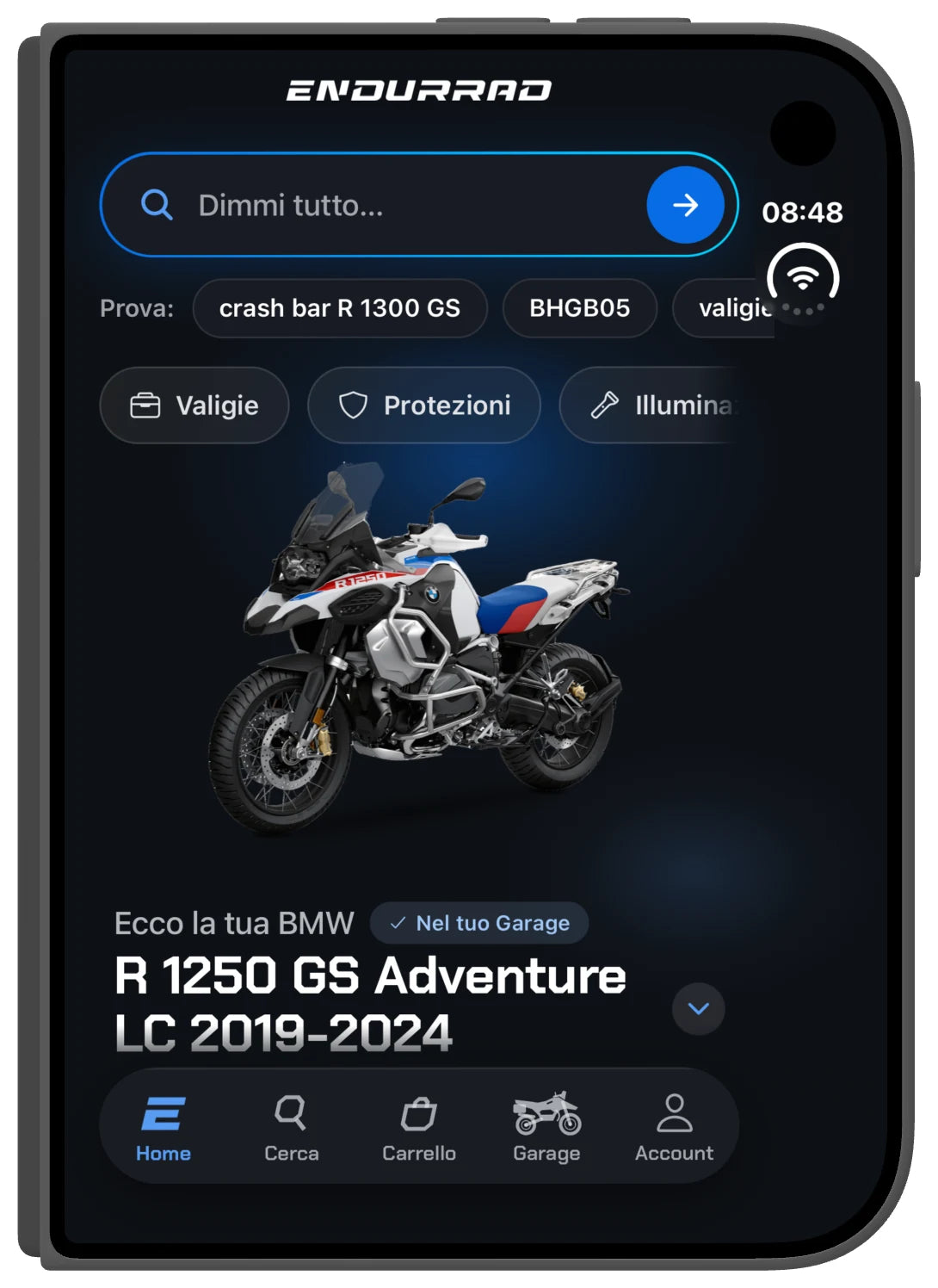 App Endurrad su iPhone Duo chiuso: Home con la BMW R 1250 GS Adventure nel Garage