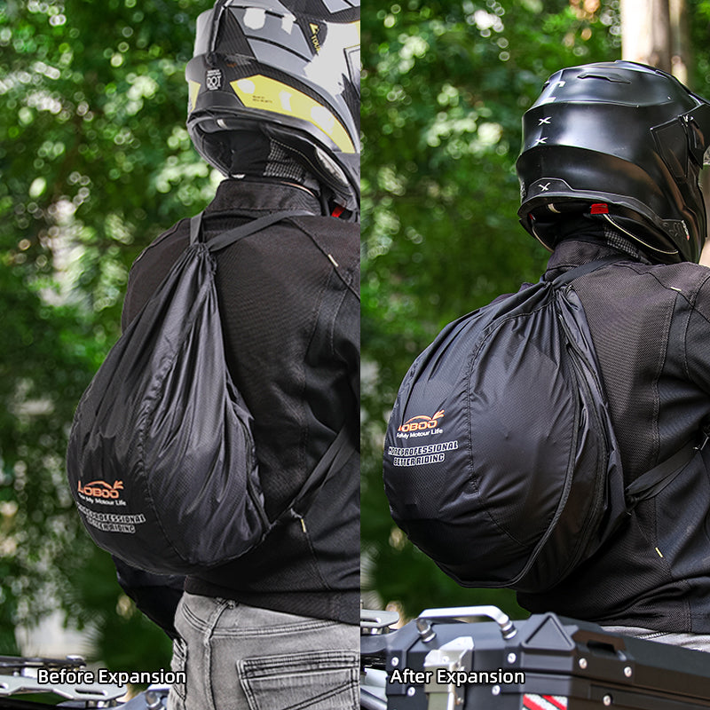 Borsa porta casco LOBOO BHB01BK indossata prima e dopo l'espansione, a confronto