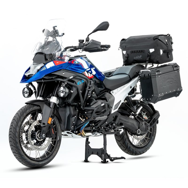 Borsa LOBOO ALPS 46 L abbinata alle valigie laterali su BMW R 1300 GS, vista laterale sinistra