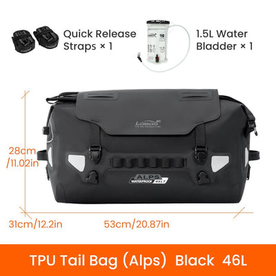 Quote della borsa LOBOO ALPS 46 L: 53 cm di lunghezza, 31 cm di profondità e 28 cm di altezza, con cinghie a sgancio rapido e sacca idrica in dotazione