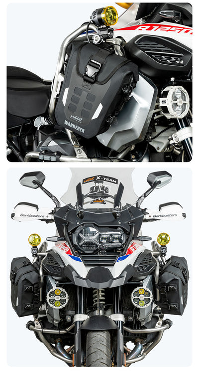 Borse LOBOO WANDERER installate su entrambe le crash bar di una BMW R 1250 GS Adventure