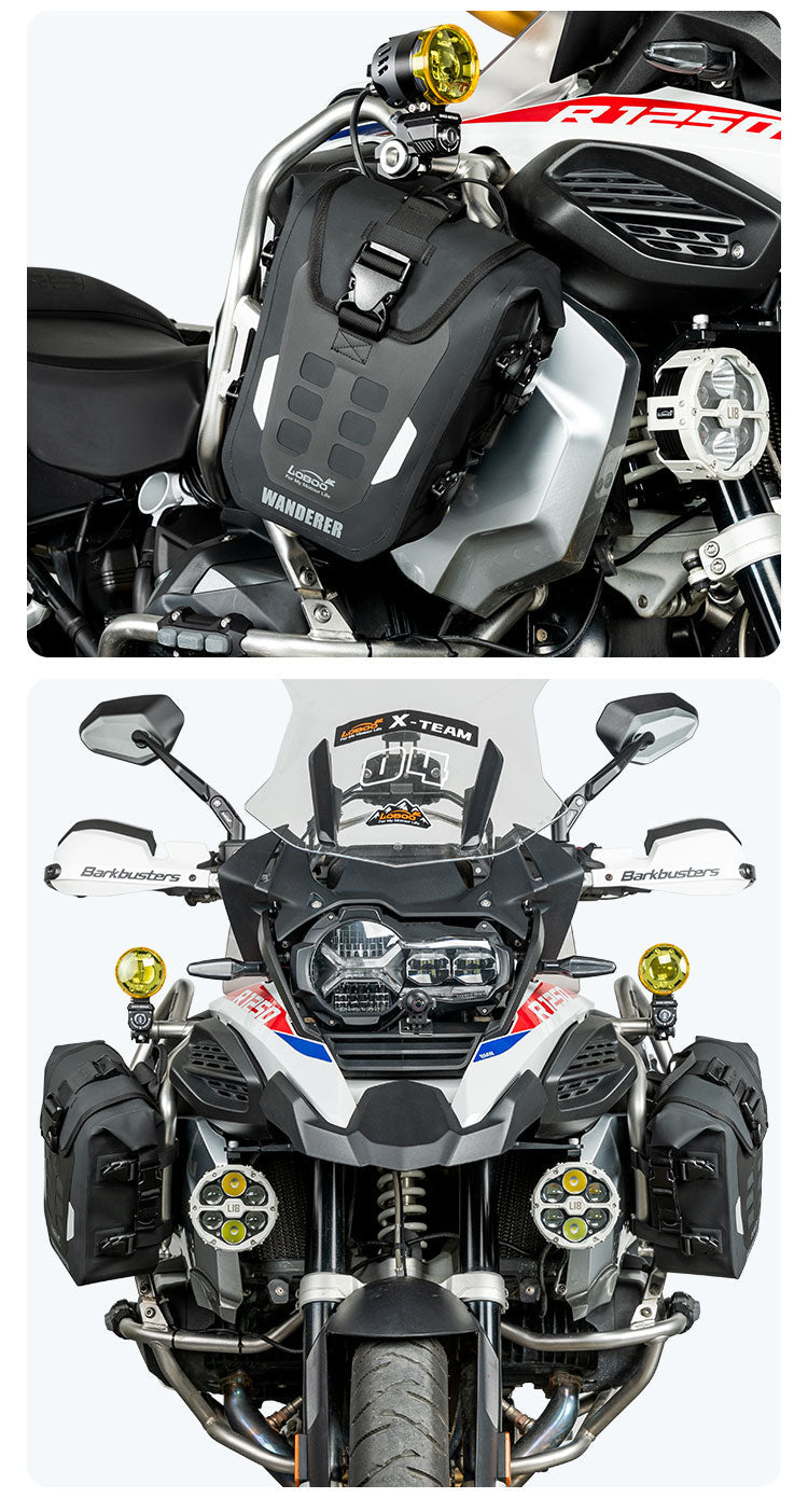 Borse LOBOO WANDERER installate su entrambe le crash bar di una BMW R 1250 GS Adventure