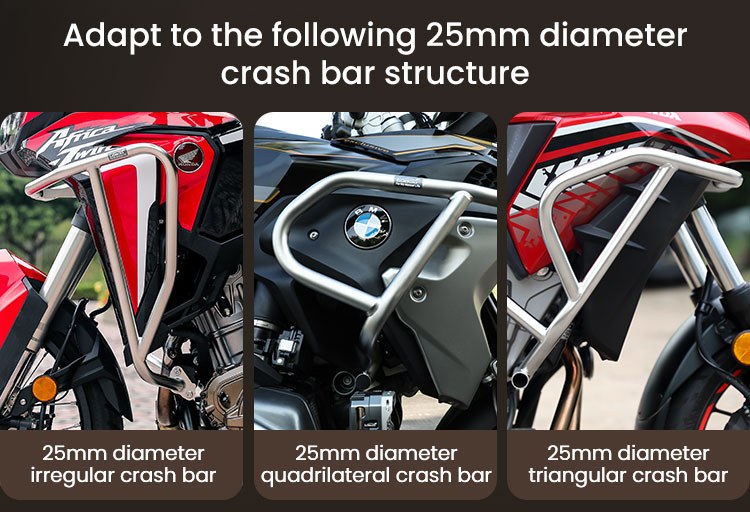 Tre strutture di crash bar da 25 mm compatibili con le borse LOBOO Wanderer: irregolare, quadrangolare e triangolare