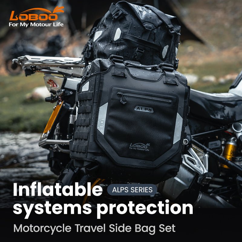 Valigia LOBOO Alps montata su moto adventure sotto la pioggia, gocce sul tessuto TPU