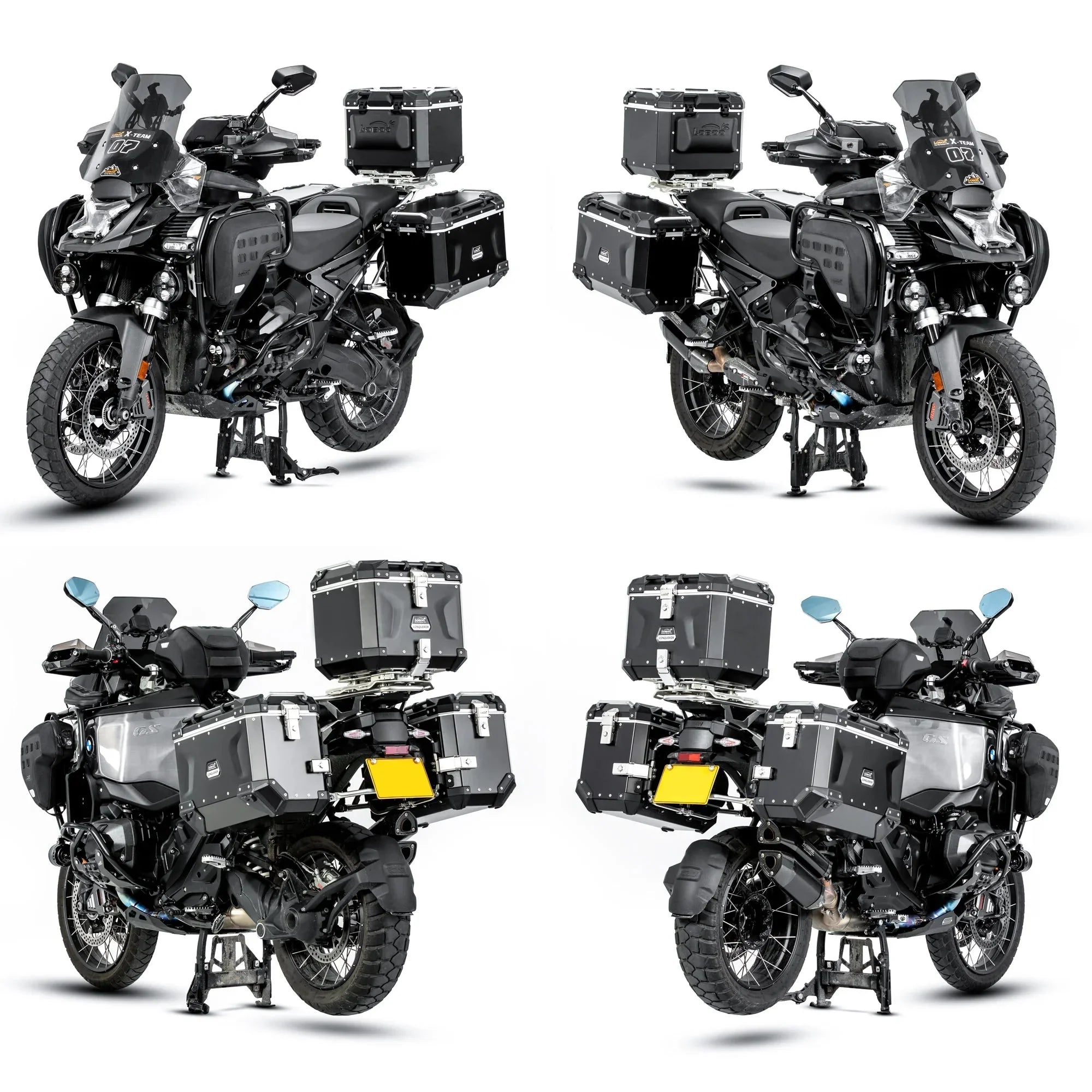 Quattro viste di una BMW R1300GS Adventure con borsa serbatoio LOBOO BTB13BK