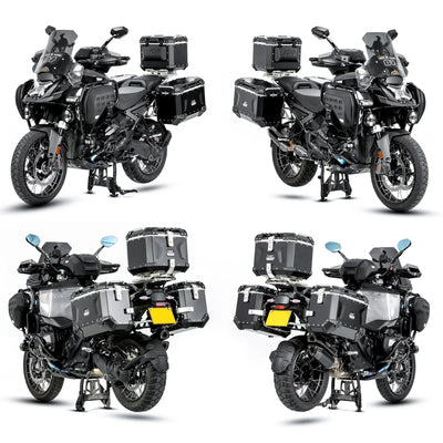 Quattro viste di una BMW R1300GS Adventure con borsa serbatoio LOBOO BTB13BK