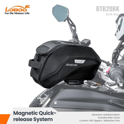 Borsa LOBOO BTB20BK agganciata al serbatoio di una BMW GS, vista laterale