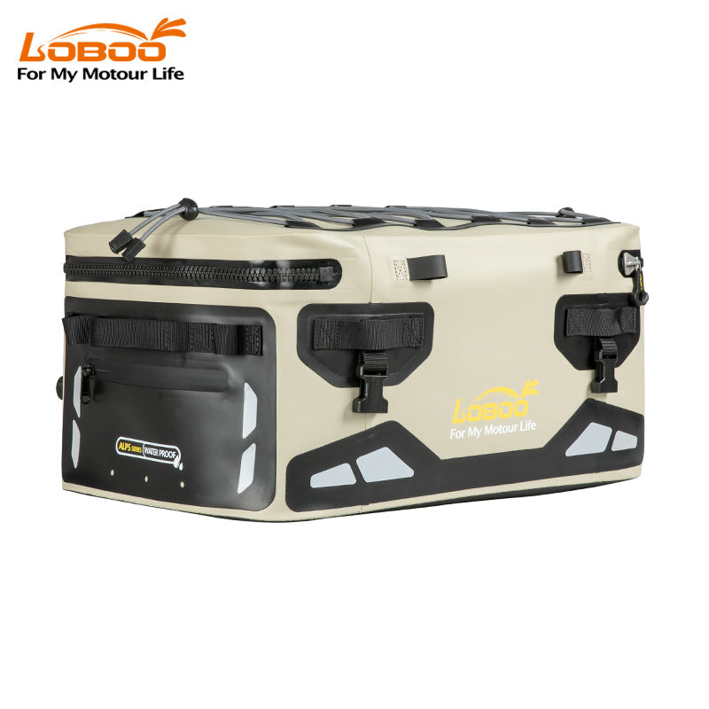 Borsa posteriore LOBOO BWB40T beige, vista di tre quarti con rete elastica sul coperchio