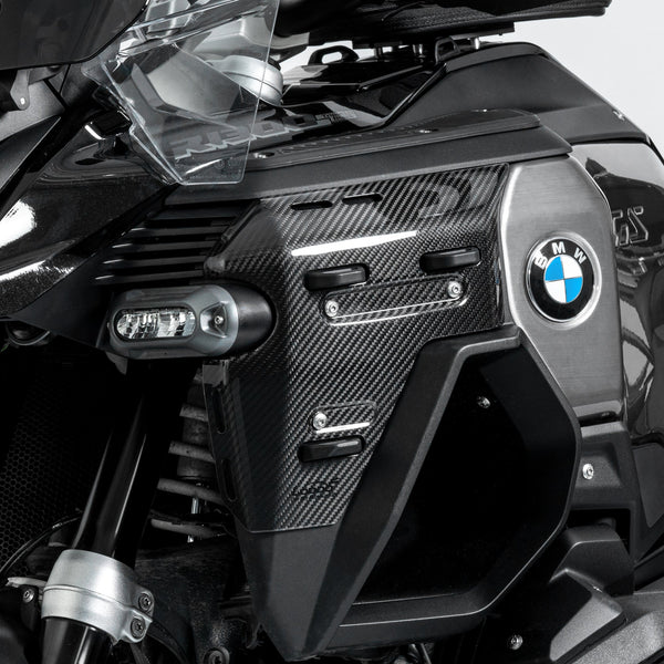 Carbon Radiator Covers for BMW R 1300 GS Adventure | 235 g per pair compared with the original 416 g, gloss or matte
