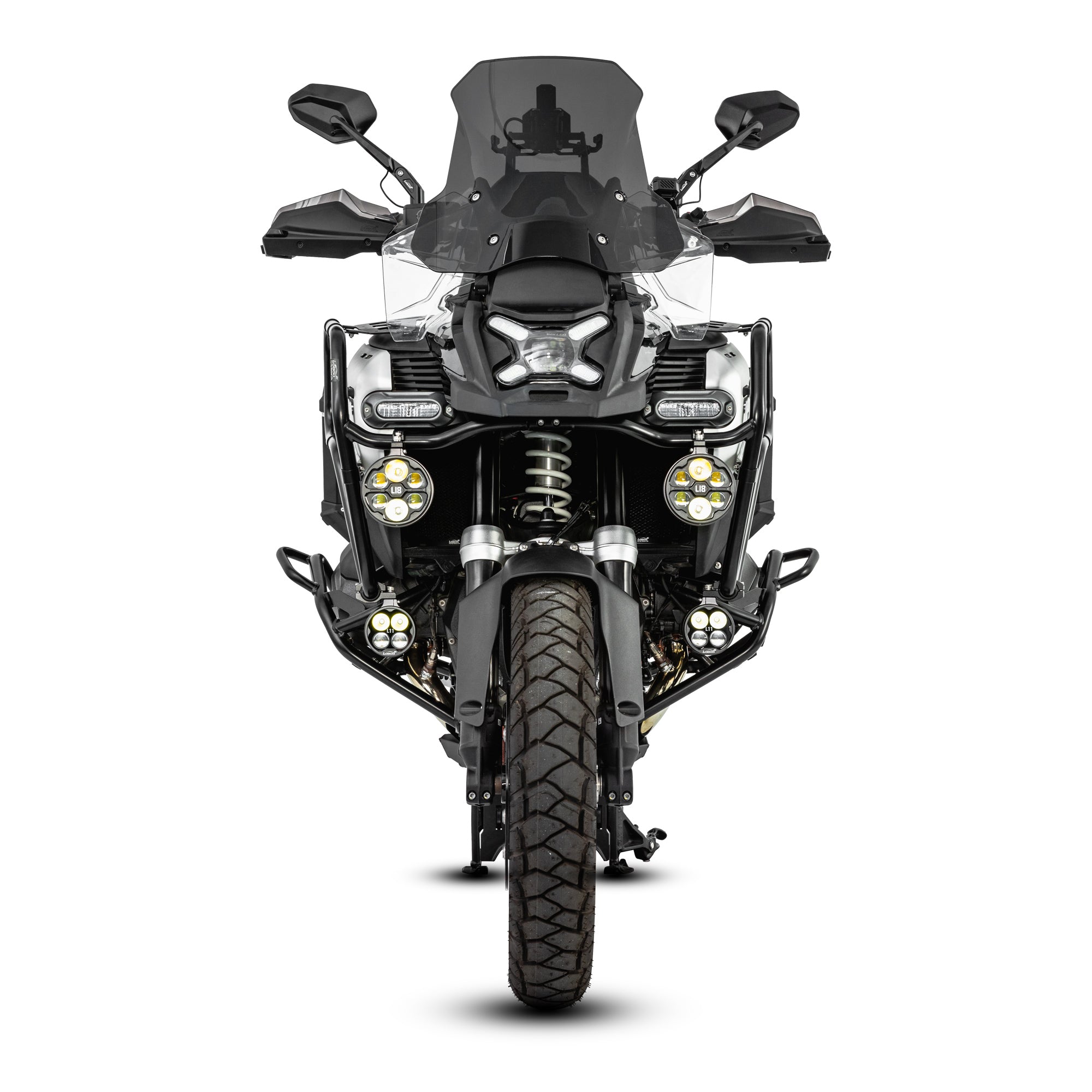 Crash bar LOBOO CHG151 nero montato sulla BMW R 1300 GS Adventure, vista frontale con faretti ausiliari