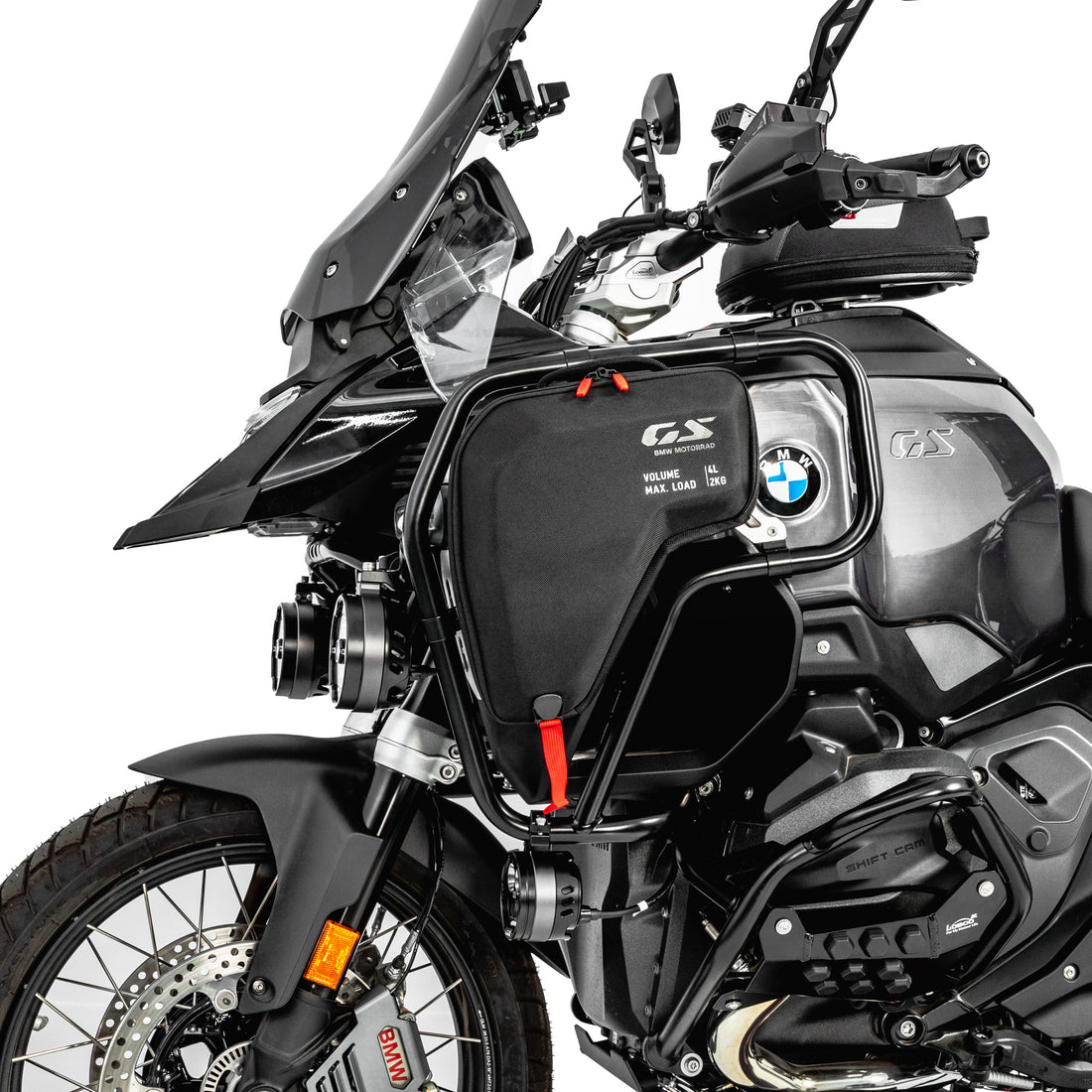 Crash bar LOBOO CHG151 nero con la borsa serbatoio originale BMW montata all'interno della barra