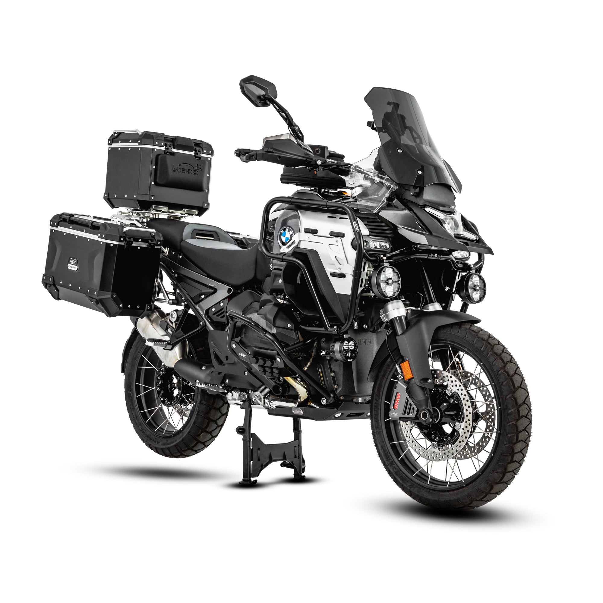 BMW R 1300 GS Adventure con crash bar LOBOO CHG151 nero, vista tre quarti anteriore