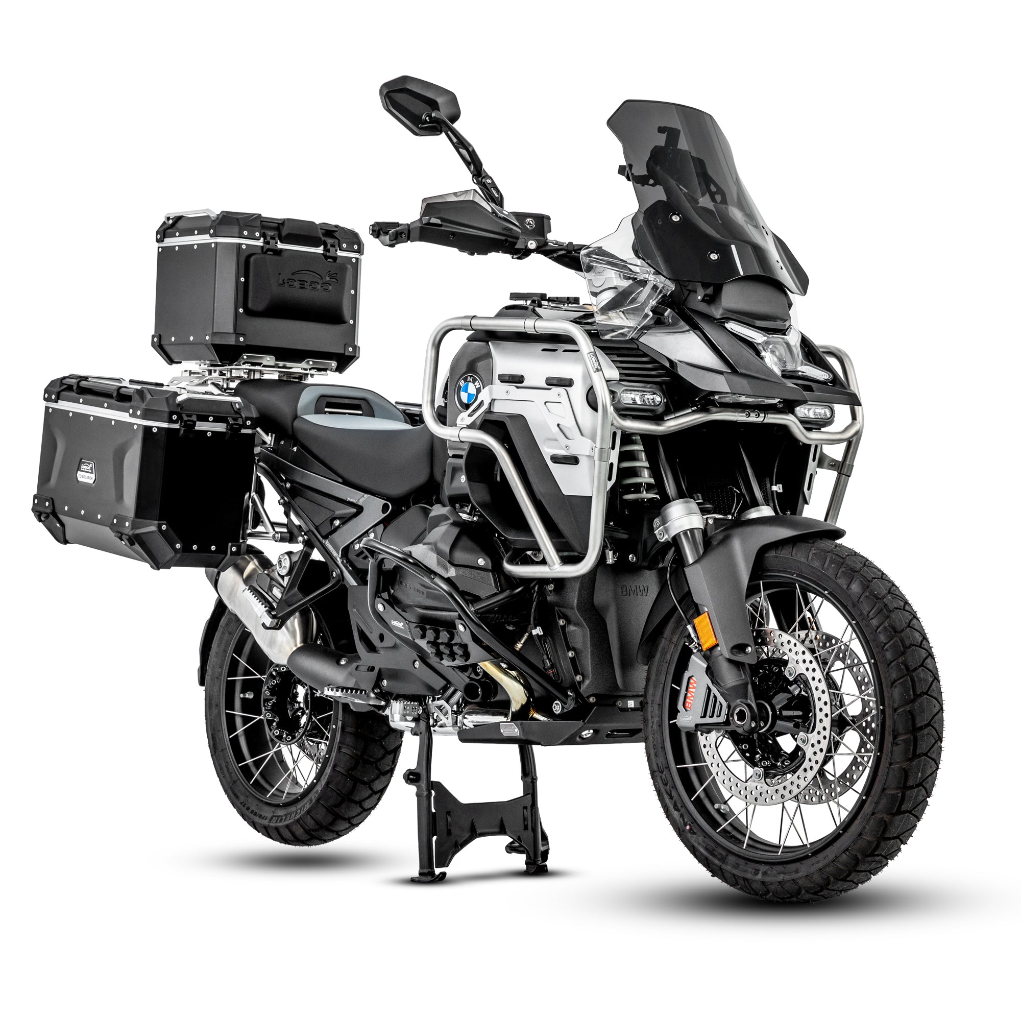 BMW R 1300 GS Adventure con crash bar LOBOO CHG151 argento e valigie in alluminio