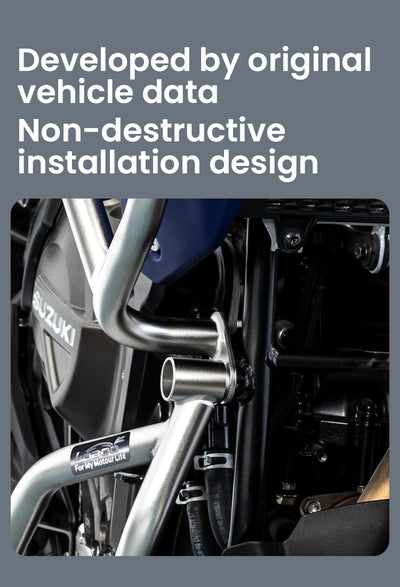 Attacco del crash bar LOBOO CHG421 su un punto originale del telaio della V-Strom 800DE, senza forature