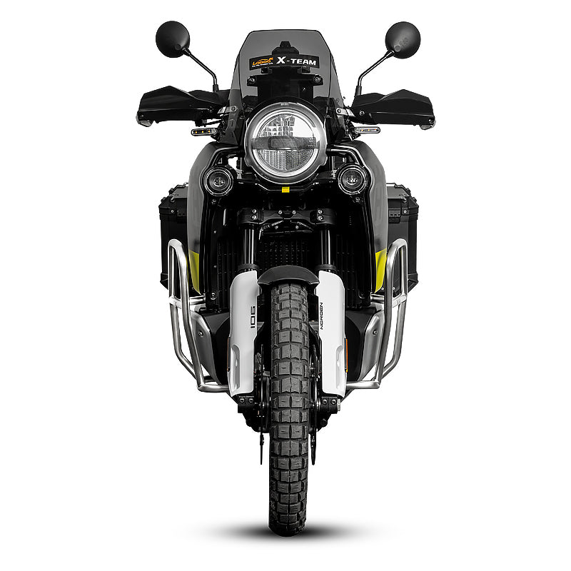 Husqvarna Norden 901 vista frontale con crash bar LOBOO CHG901 argento in inox 304