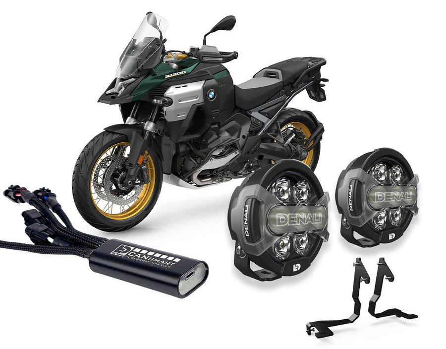 Faretti DENALI D7 PRO montati sulla BMW R 1300 GS Adventure con attacchi dedicati e centralina CANsmart