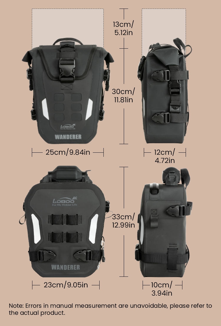 Dimensioni della borsa LOBOO WANDERER BHGB11T: 25 × 12 × 30 cm esterni, 23 × 10 × 33 cm interni