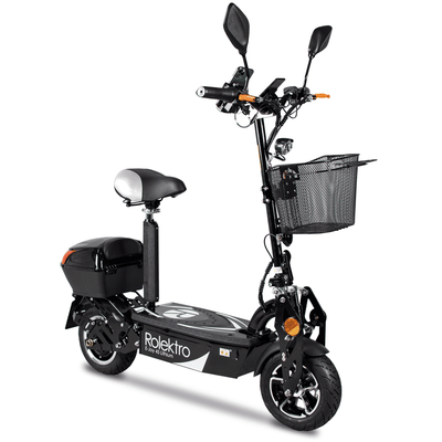Rolektro E-Joy 45 Lithium nero, tre quarti anteriore con cestello, bauletto e sella regolabile