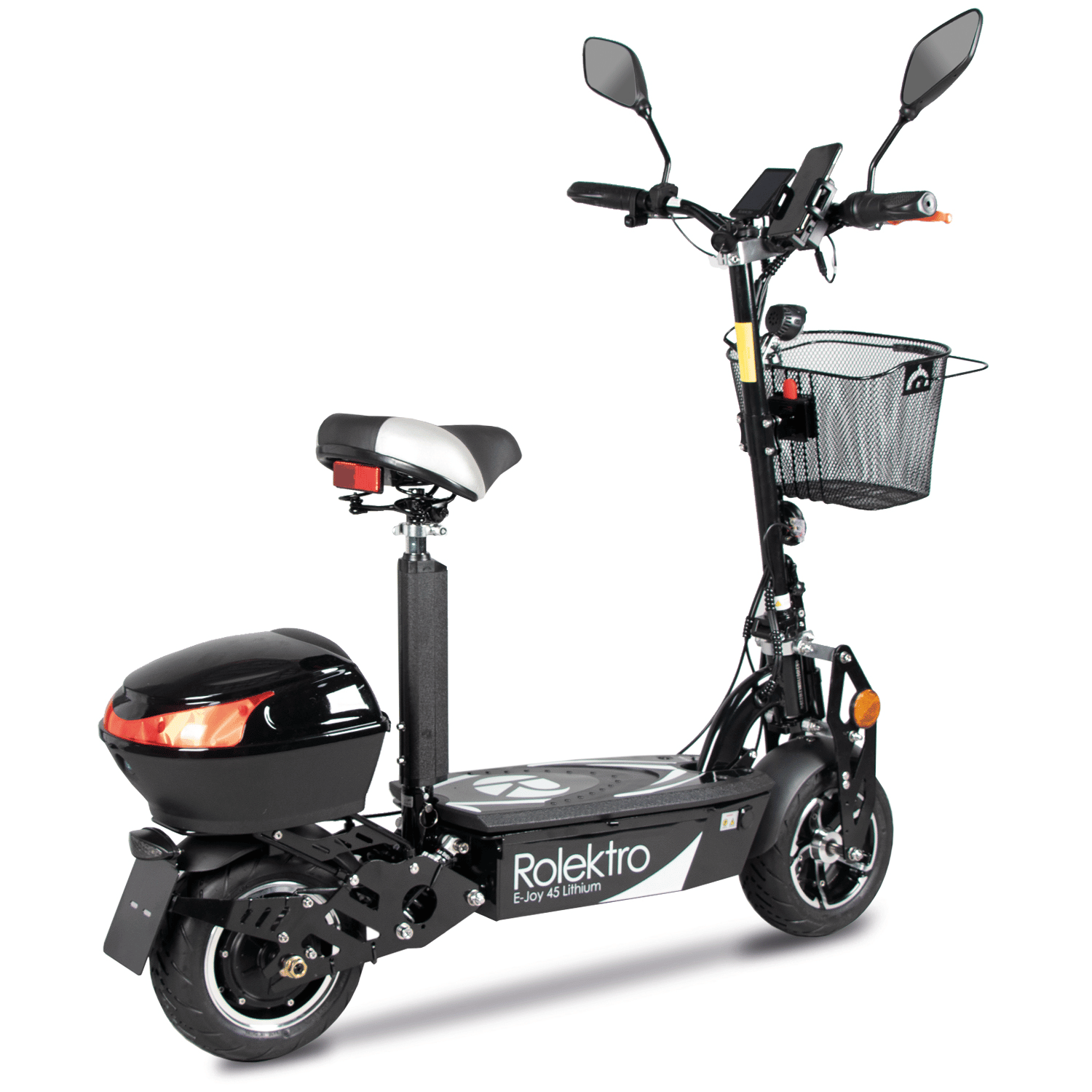 Rolektro E-Joy 45 Lithium nero visto da davanti a destra, monopattino elettrico con sella
