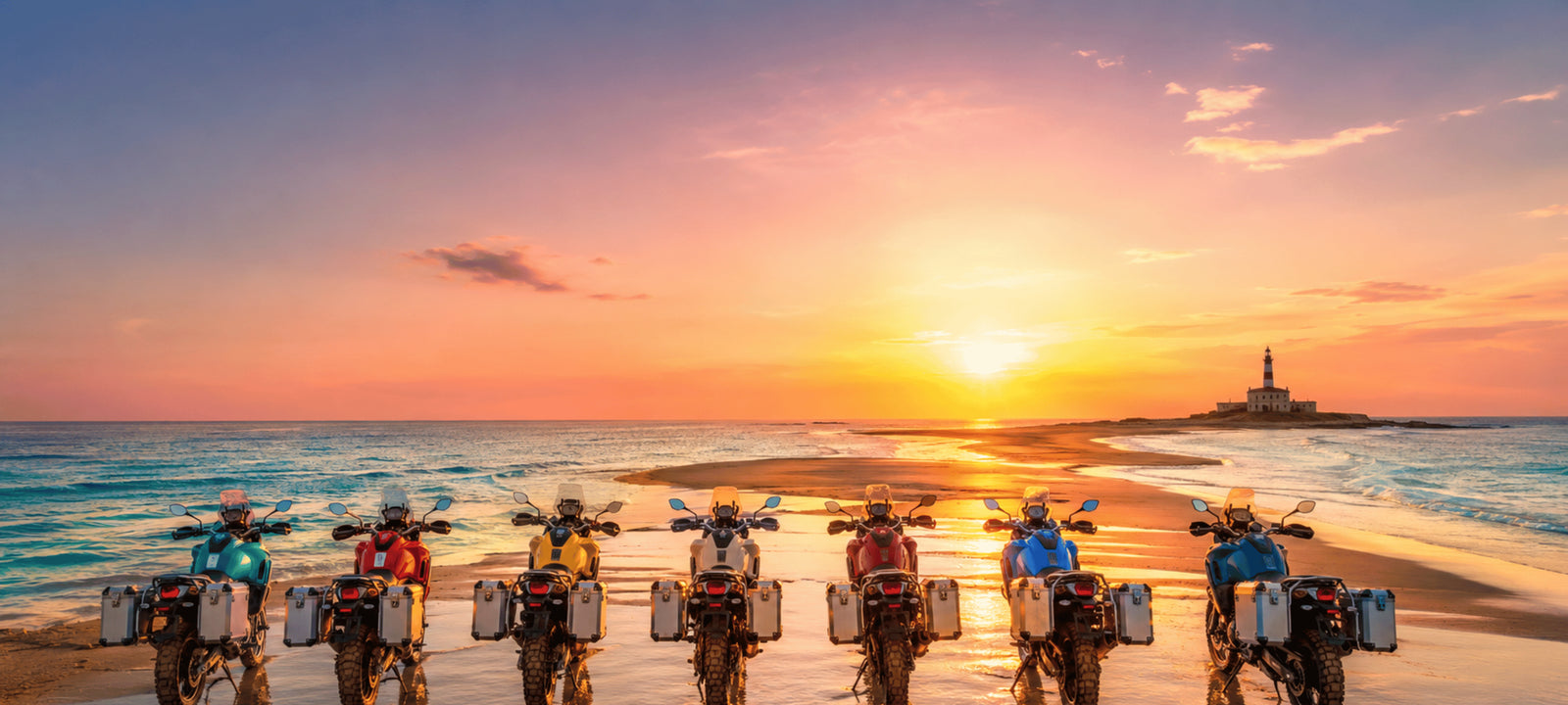Moto maxi enduro e adventure parcheggiate al tramonto sulla spiaggia dell'Isola delle Correnti, Sicilia