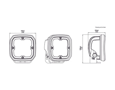 Disegno quotato del faretto LED DENALI D4: corpo quadrato da 99 mm