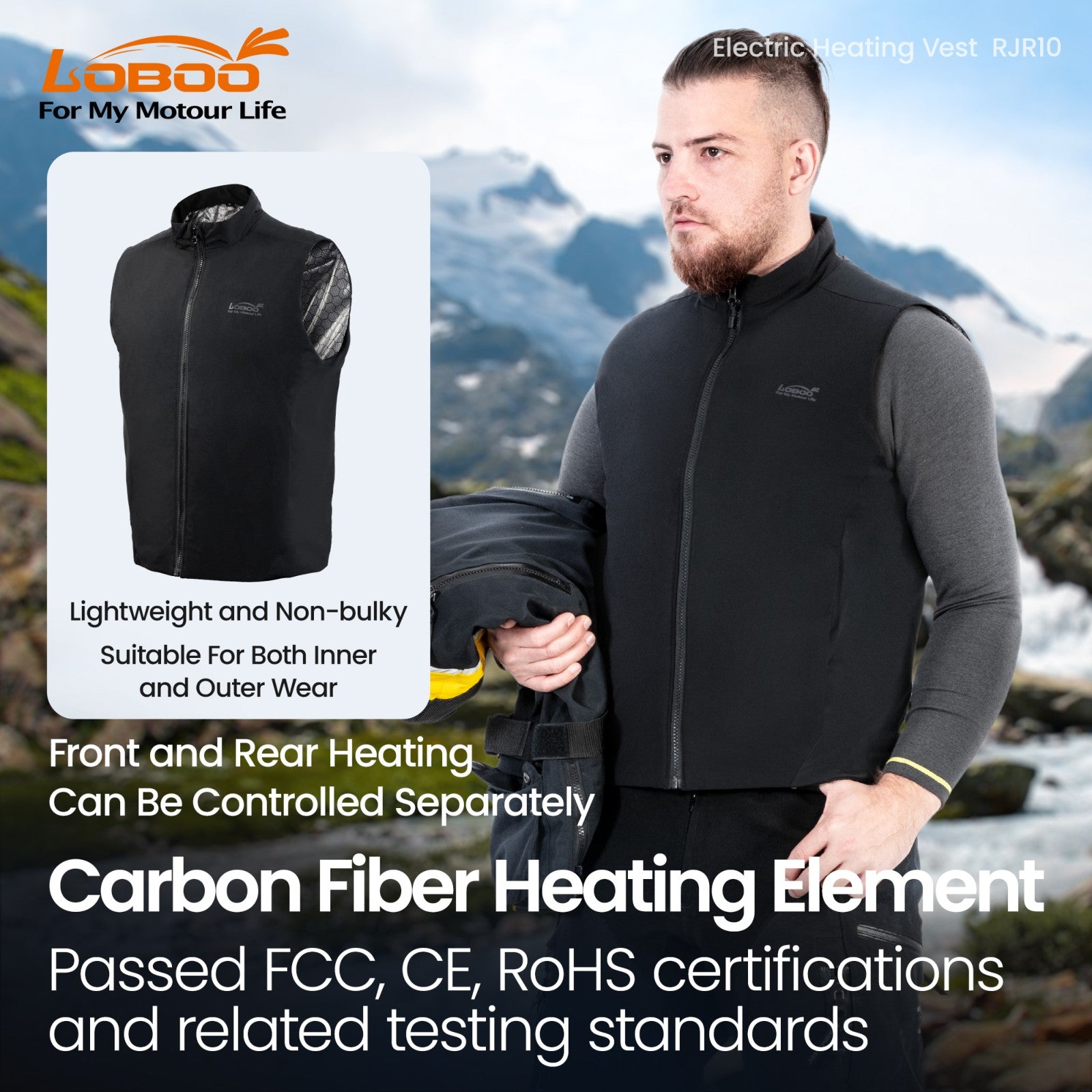 Heated motorcycle vest with carbon fiber and USB power supply
