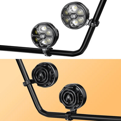 Fari ausiliari LOBOO L18S installati su manubrio, staffa orientabile vista fronte e retro