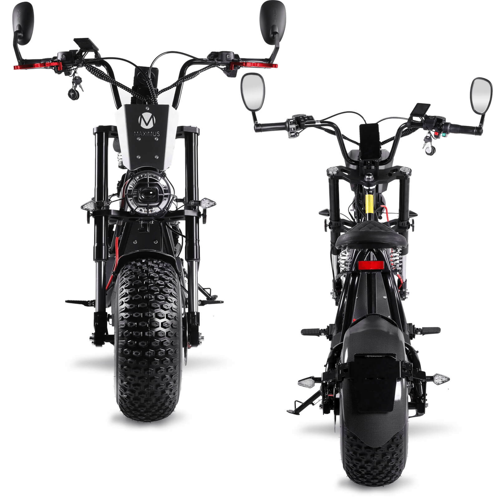 Maximus E-Cruiser 45 ripreso frontalmente e da dietro per mostrare larghezza del manubrio e ingombro dei pneumatici