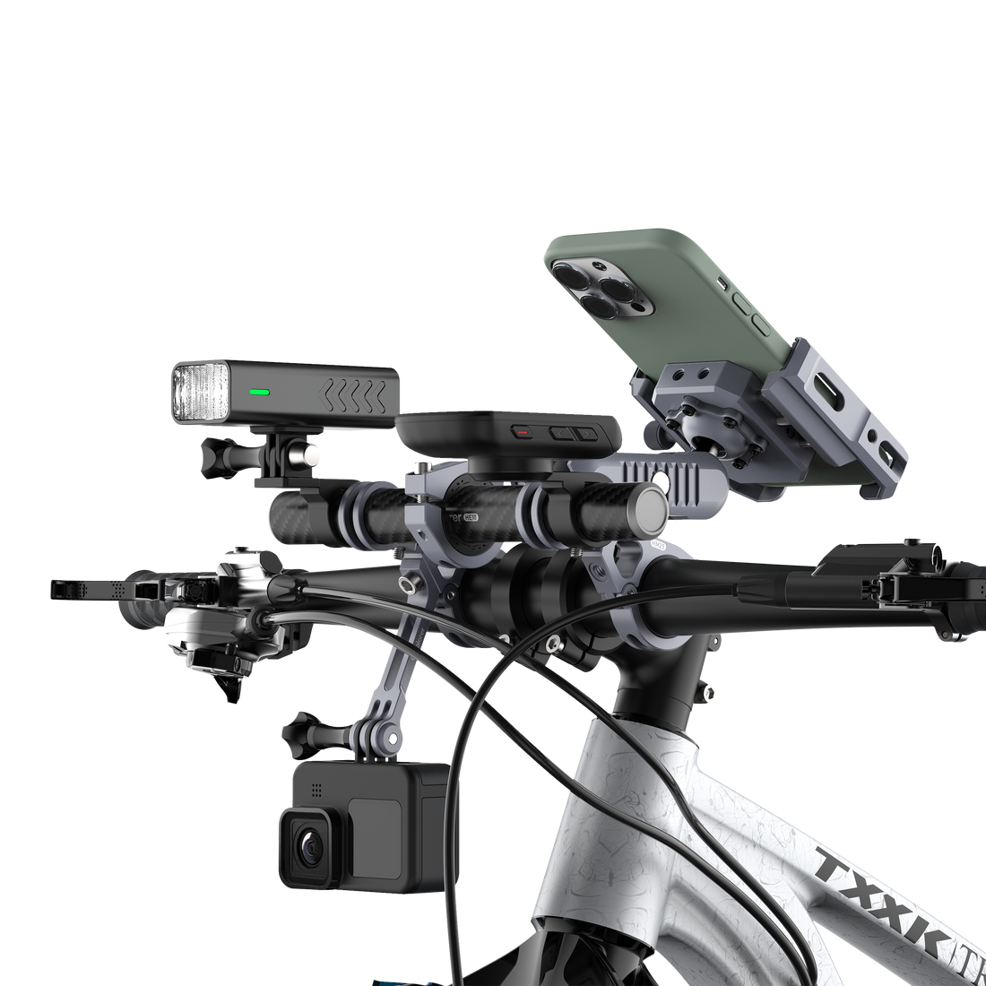 Outplorer H1000 con telefono, action cam e luce sul manubrio