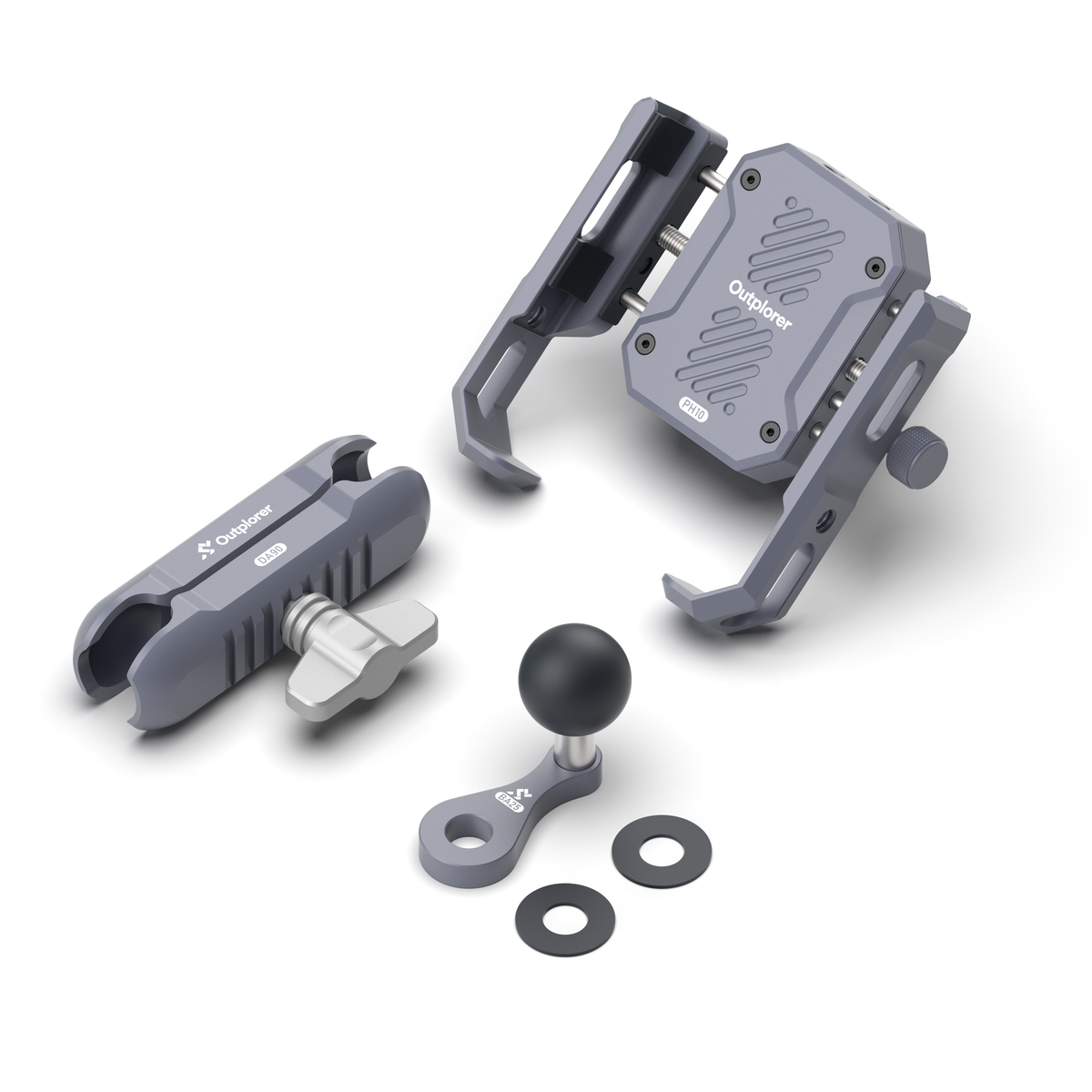 Contenuto del kit Outplorer P100-B: pinza, braccio DA90, sfera BA25 e rondelle