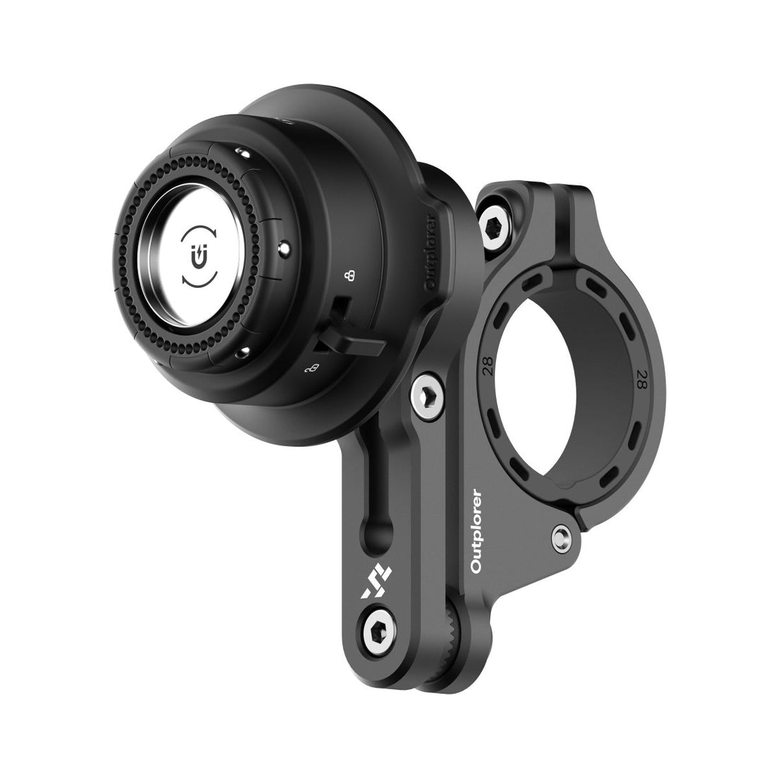 Outplorer QM02 visto dall'altro lato: collare per manubrio, braccio FlexArm e aggancio magnetico
