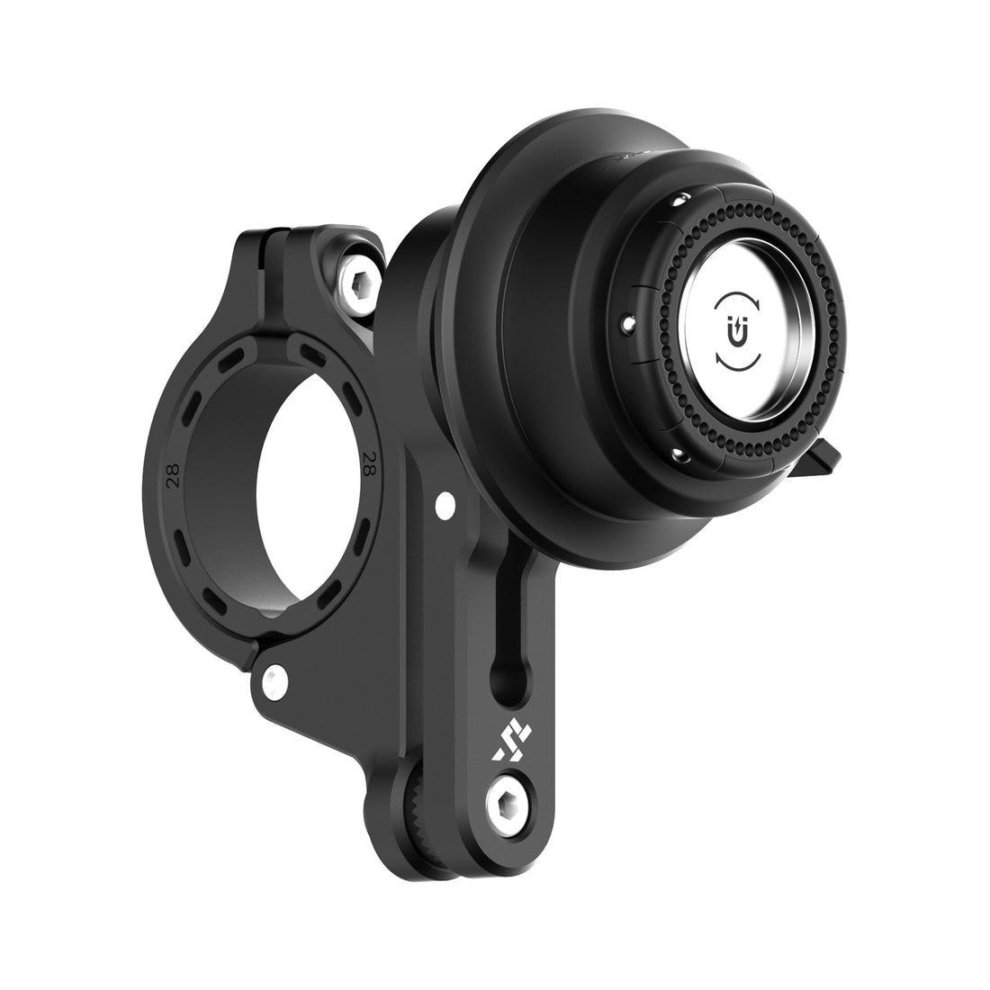 Porta cellulare moto Outplorer QM02 da manubrio, vista di tre quarti con collare e aggancio Quick Launch