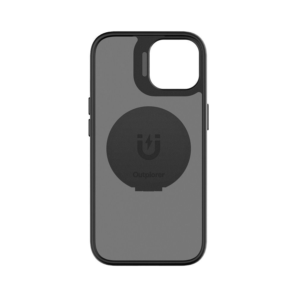 Retro della custodia iPhone 15 Outplorer QP15 con disco Outplorer sull'attacco