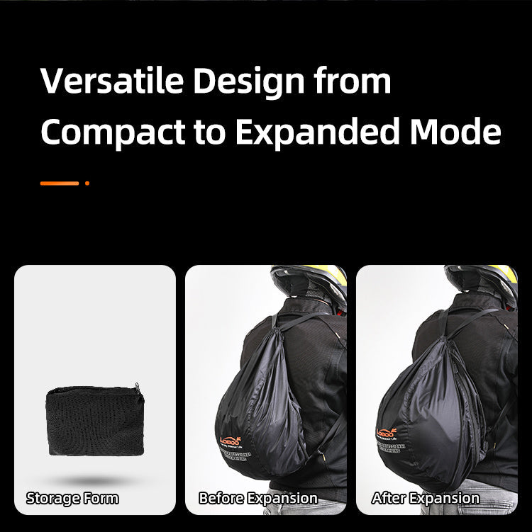Three configurations: folded case, regular backpack, expanded backpack