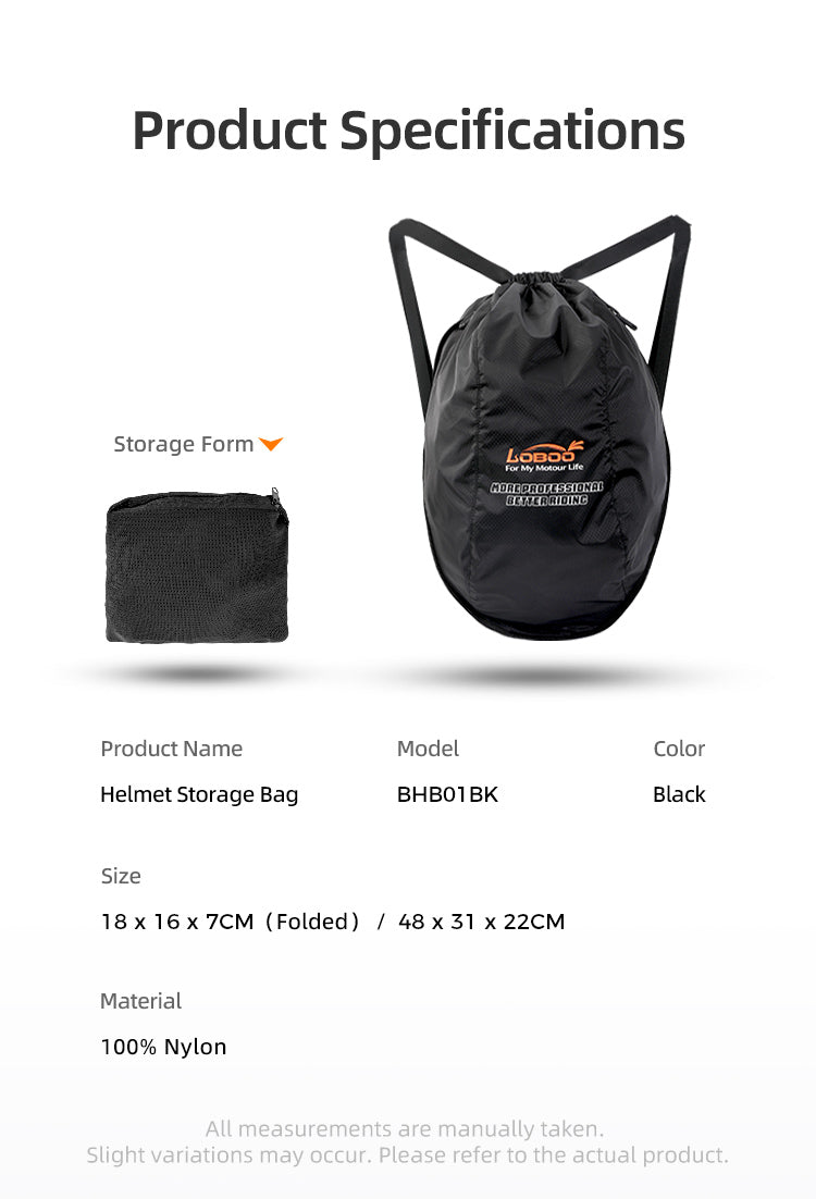 Technical specifications: 100% nylon, black, 18 × 16 × 7 cm when folded