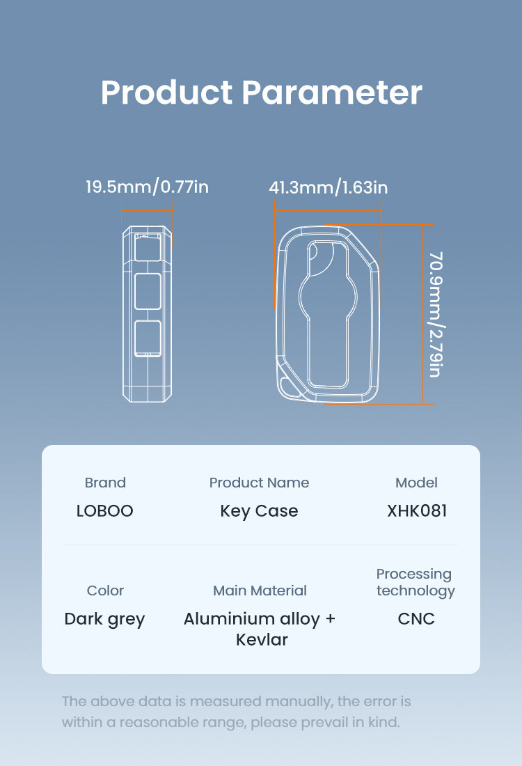Technical specifications: 70.9 × 41.3 × 19.5 mm, aluminum and Kevlar