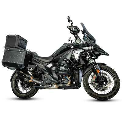 BMW R 1300 GS nera con paracoppa LOBOO e valigie in alluminio, vista laterale