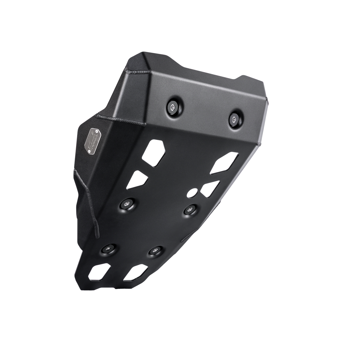 Paracoppa in alluminio nero da 4 mm per BMW R 1300 GS e GS Adventure, vista di tre quarti con targhetta