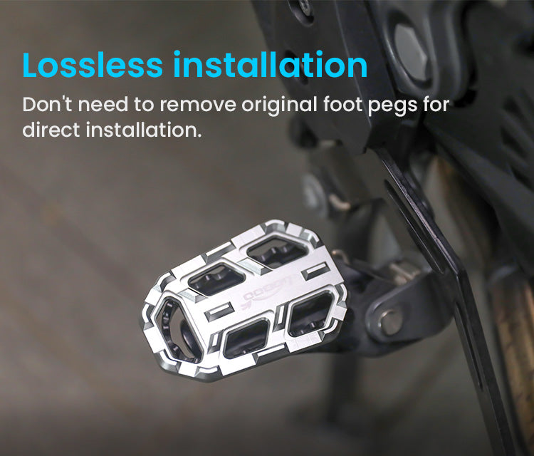 Pedana maggiorata LOBOO CJT010 montata sopra la pedana originale di una BMW GS, senza smontaggio