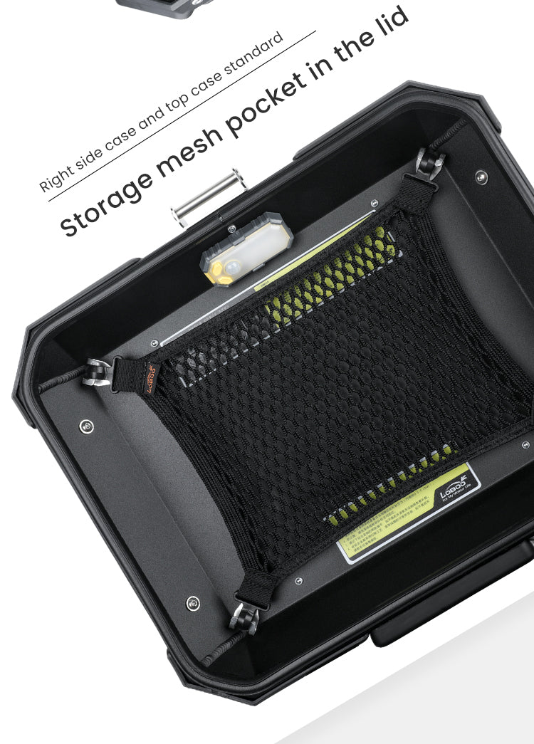 Inside: flocked lining and mesh in the lid
