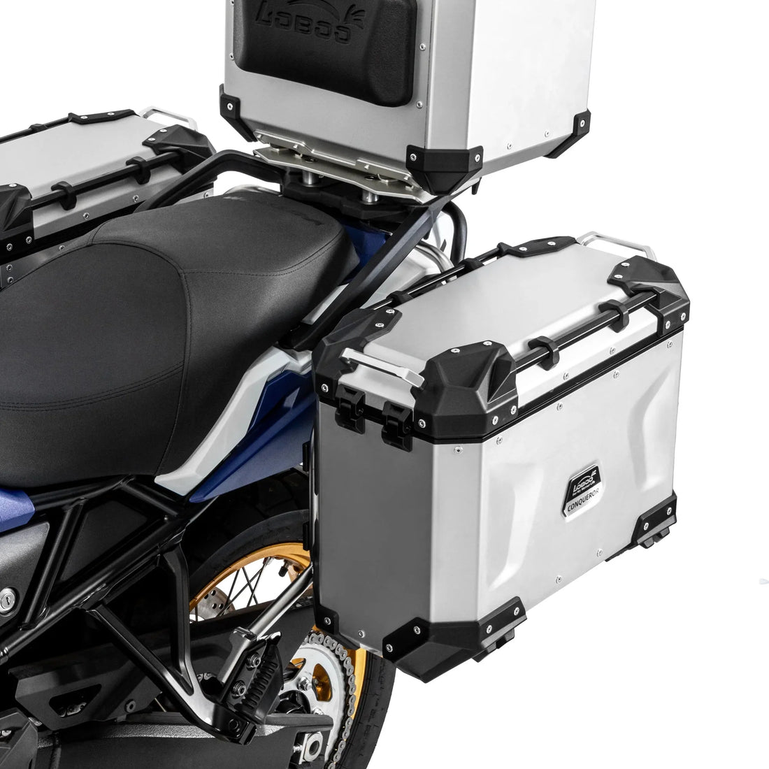 Valigia laterale e bauletto LOBOO CONQUEROR argento montati sulla Suzuki V-Strom 800DE