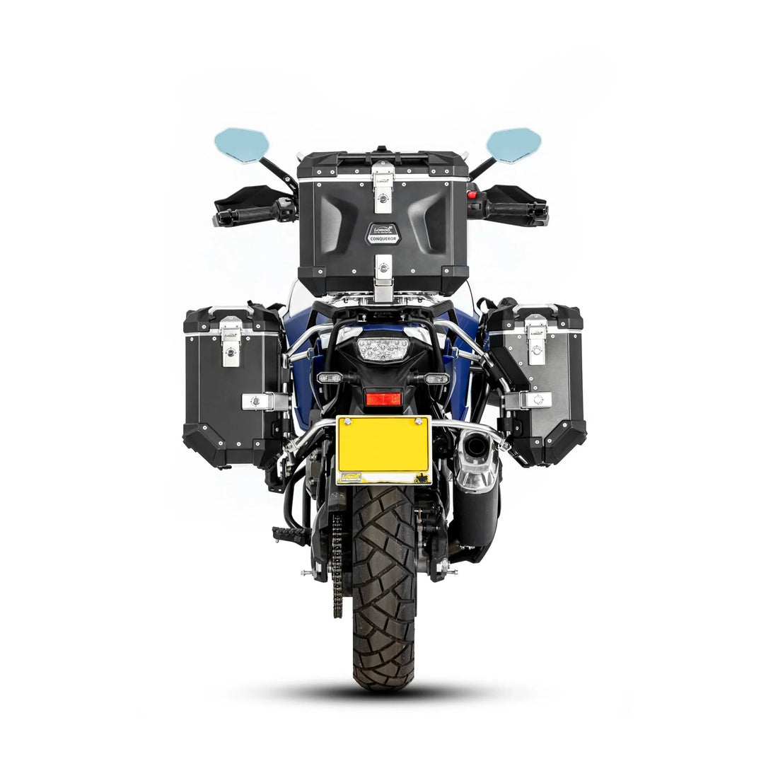 Suzuki V-Strom 800DE vista da dietro con valigie e bauletto LOBOO CONQUEROR neri