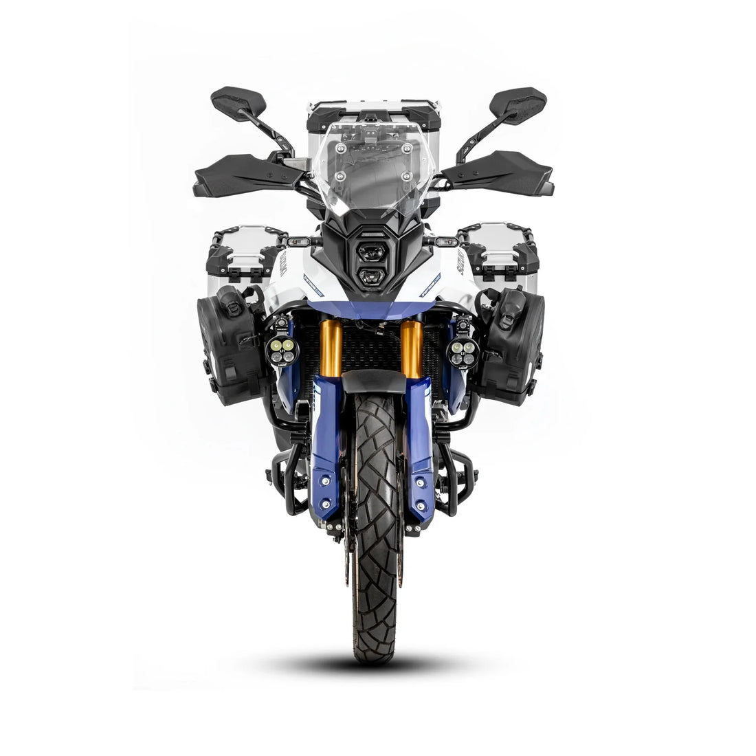 Suzuki V-Strom 800DE vista da davanti con valigie laterali LOBOO CONQUEROR