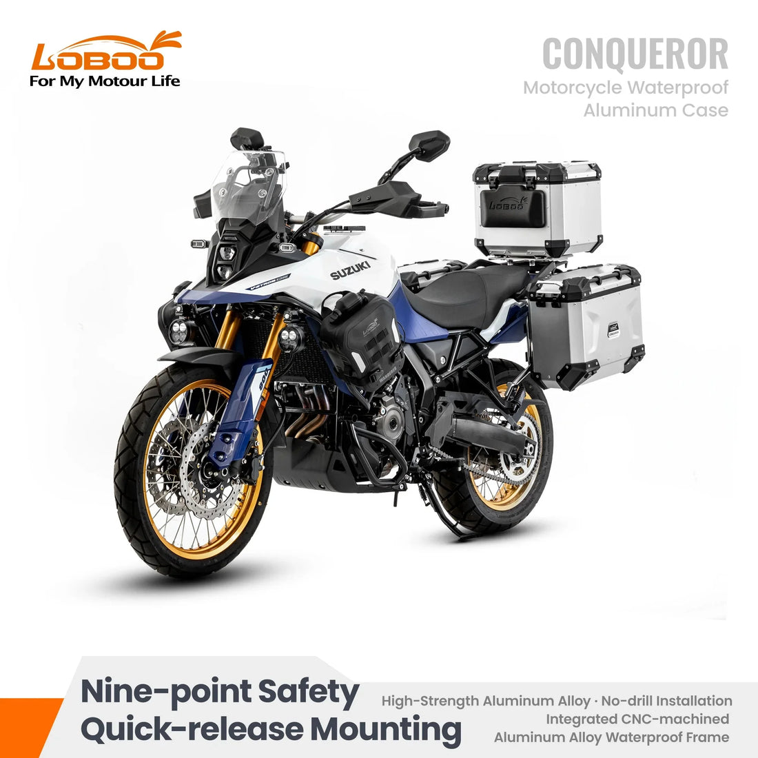 Suzuki V-Strom 800DE con il sistema LOBOO CONQUEROR argento: aggancio a nove punti