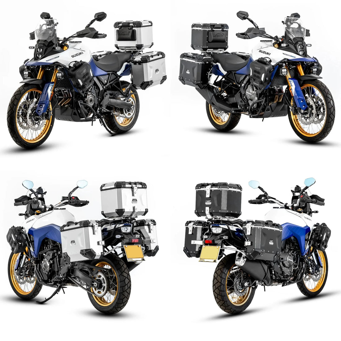 Suzuki V-Strom 800DE con valigie LOBOO CONQUEROR argento e nere in quattro viste
