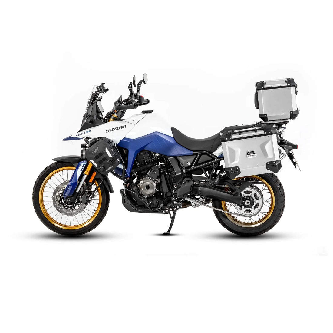 Suzuki V-Strom 800DE vista da sinistra con valigie e bauletto LOBOO CONQUEROR argento