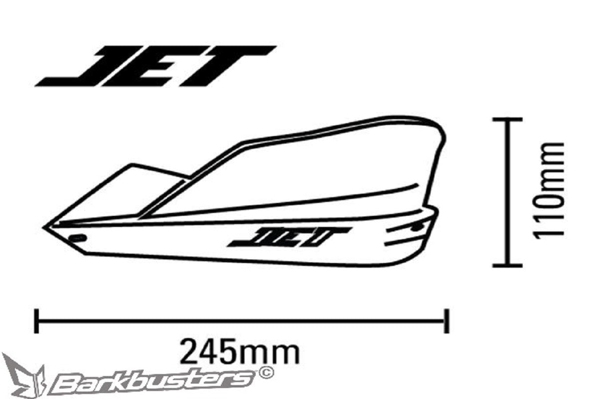 Disegno quotato della plastica paramano Barkbusters JET-003: 245 mm di lunghezza e 110 mm di altezza